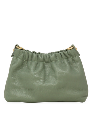 Green leather handbag with gold accents on a white background