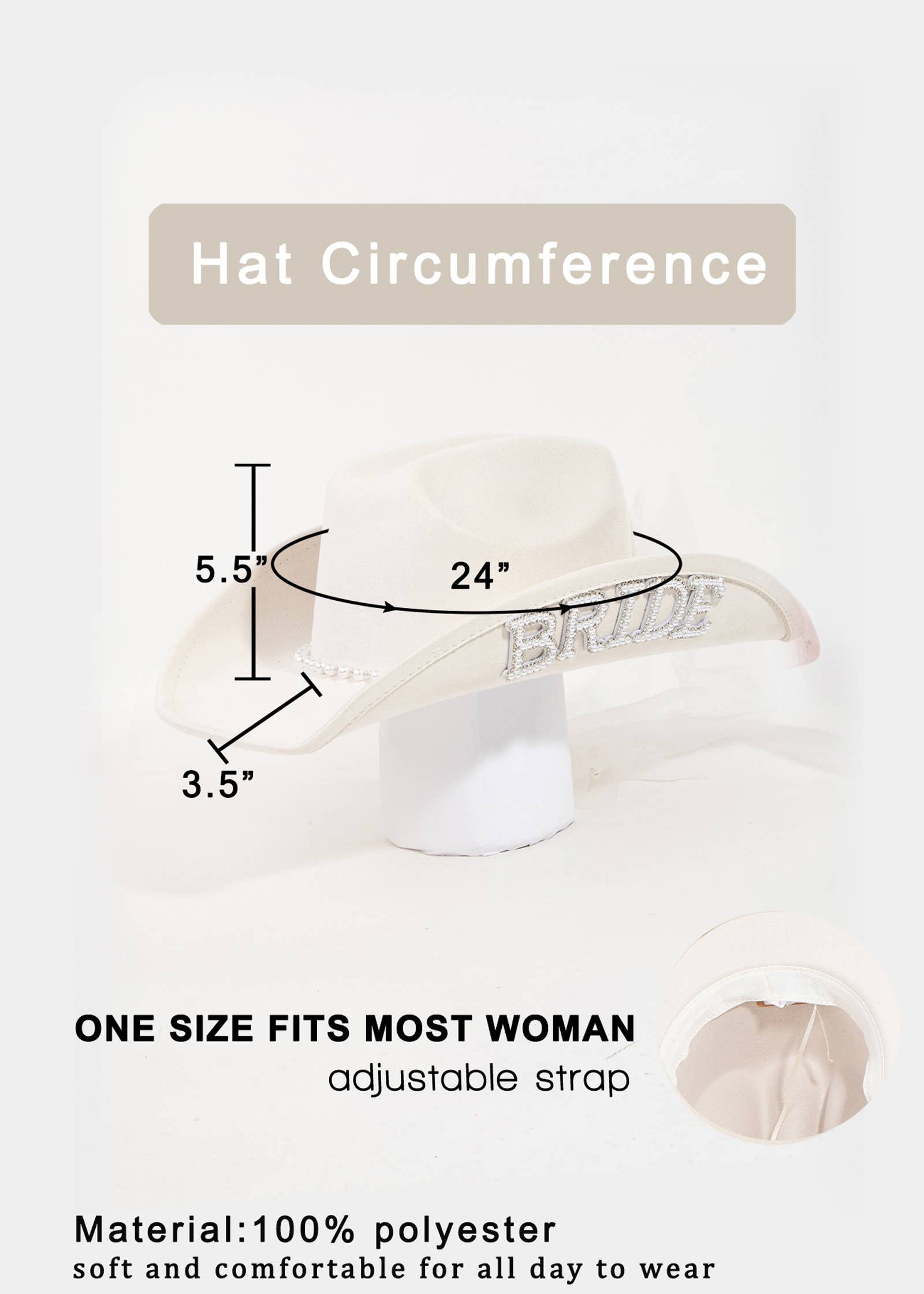 Measurement chart for a hat with dimensions and text about fit and material on a white background.