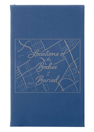 Blue notebook with white text and map design on a white background