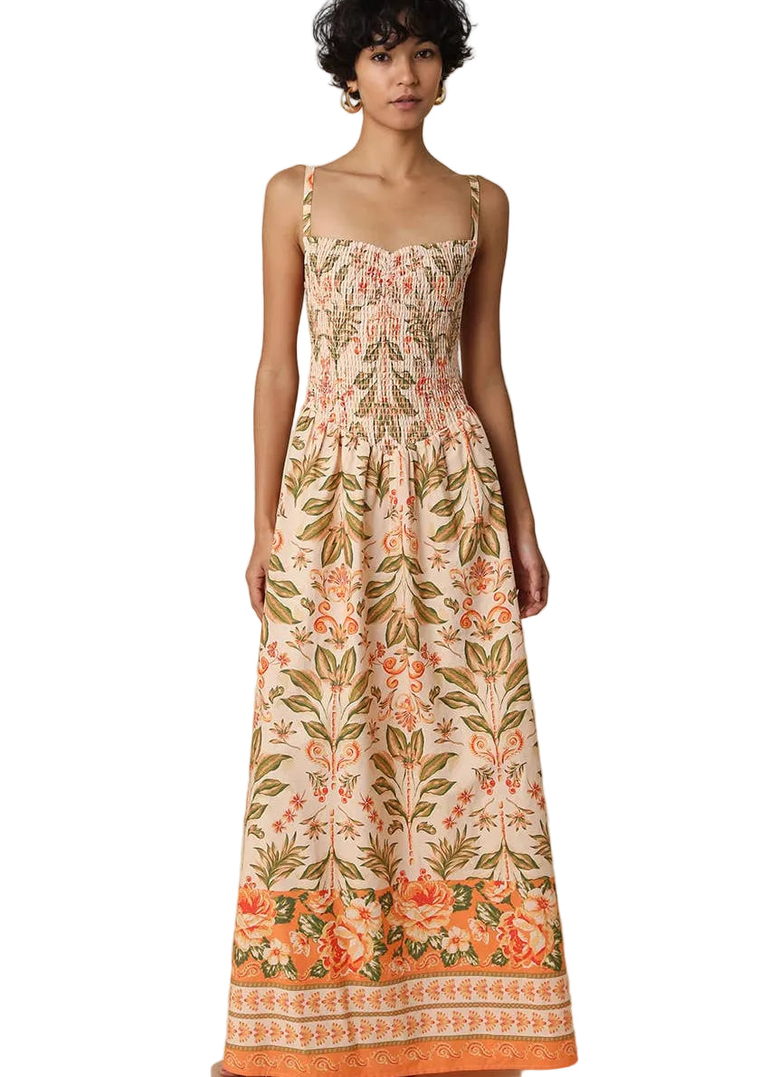 Woman wearing a floral dress with a beige background