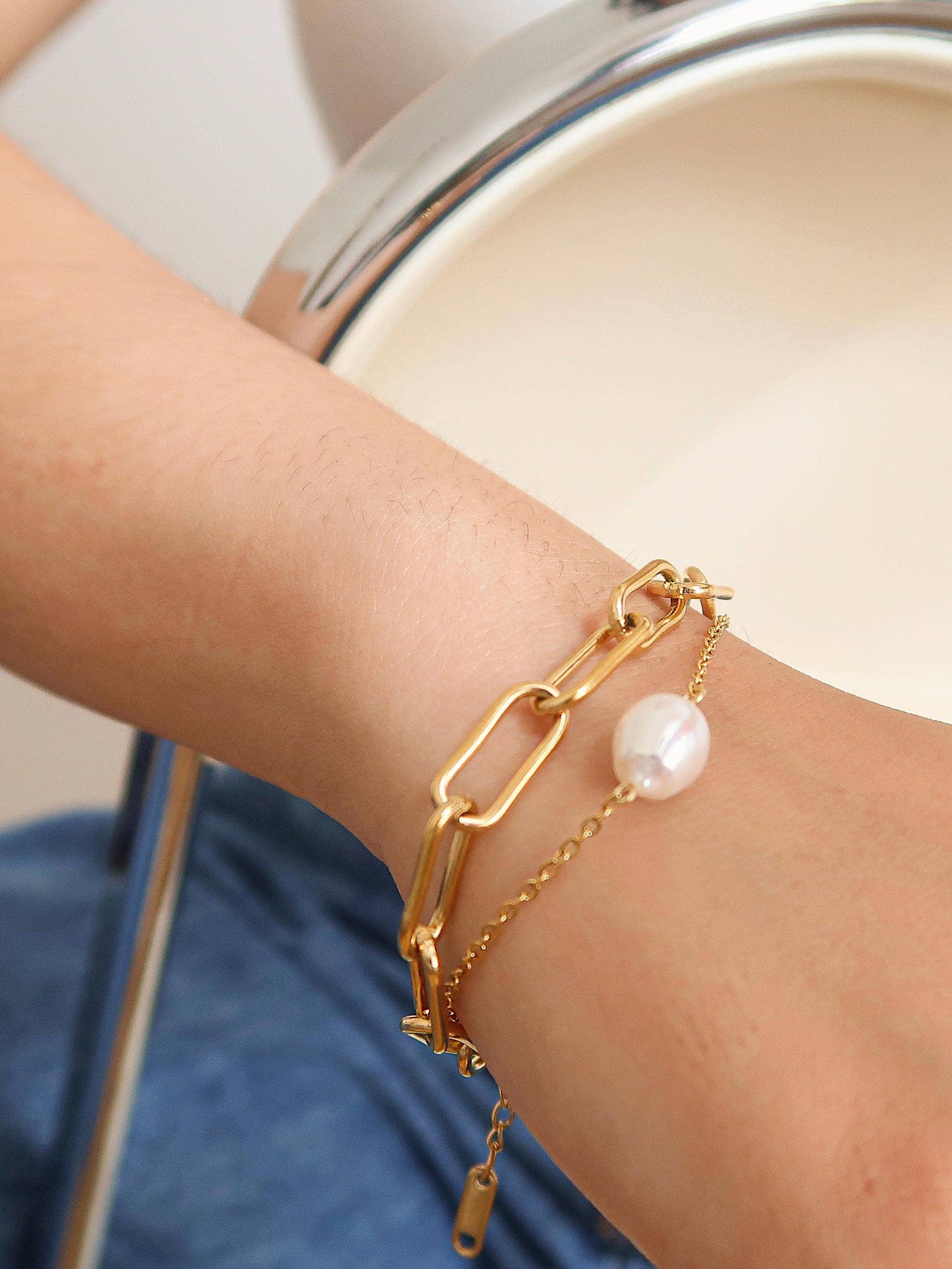 Gold Stacked Chain Pearl Bracelet