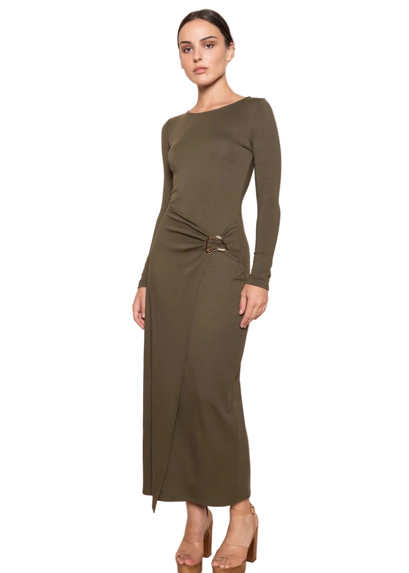 Wrap Panel Buckle Long Sleeve Knit Maxi Dress