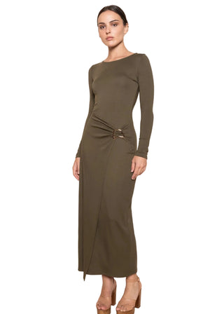 Eleanor Gold Buckle Wrap Long Sleeve Knit Maxi Dress - Verte Boutique