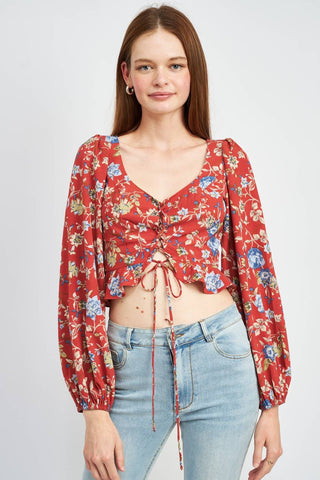 Lace Up Front Floral Top - Verte Boutique