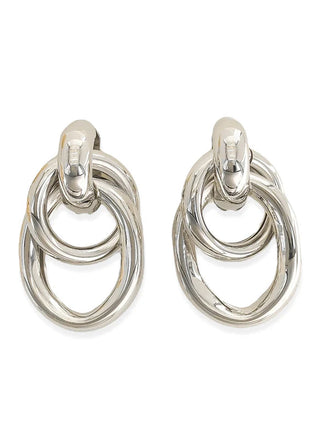 Pair of silver hoop earrings on a white background