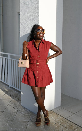 Belted Sleeveless A-Line Shirt Dress - Verte Boutique