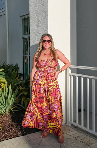 Tropical Cutout Smocked Cotton Maxi Dress - Verte Boutique