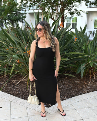 Ribbed Knit Square Neck Bodycon Midi Dress - Verte Boutique