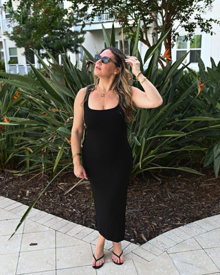 Ribbed Knit Square Neck Bodycon Midi Dress - Verte Boutique