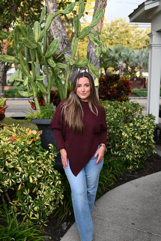 Ribbed Knit Asymmetrical Pointed Hem Dolman Sleeve Sweater