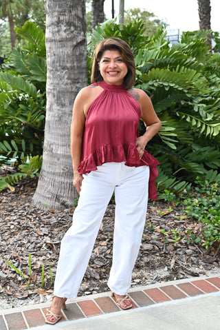 Burgundy Ruffle Satin Halter Top