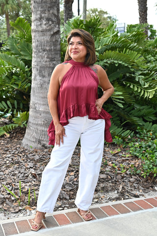 Burgundy Ruffle Satin Halter Top