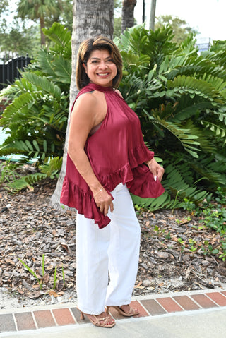 Burgundy Ruffle Satin Halter Top