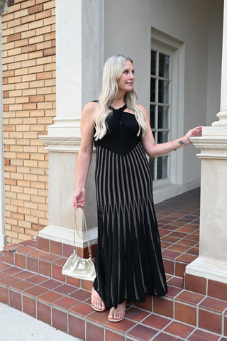 Black & Taupe Striped Knit Halter Midi Dress