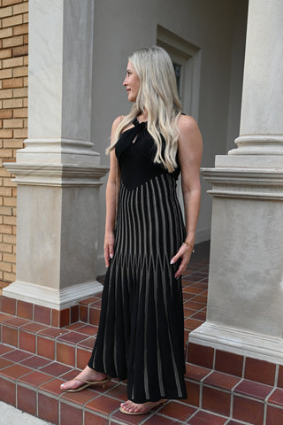 Black & Taupe Striped Knit Halter Midi Dress