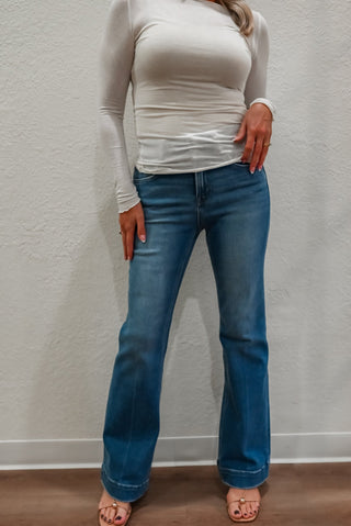 High Rise Double Button Flare Jeans - Verte Boutique