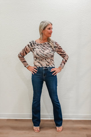 High Rise Raw Hem Dark Wash Bootcut Jeans - Verte Boutique