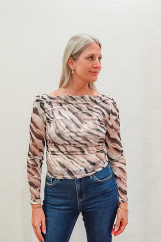 Animal Mesh Asymmetrical Long Sleeve Top - Verte Boutique
