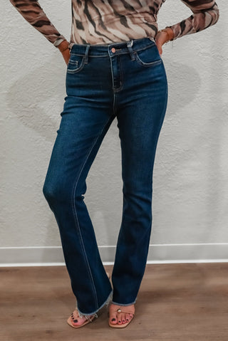 High Rise Raw Hem Dark Wash Bootcut Jeans - Verte Boutique