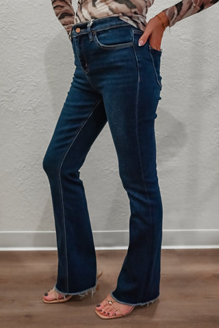 High Rise Raw Hem Dark Wash Bootcut Jeans - Verte Boutique
