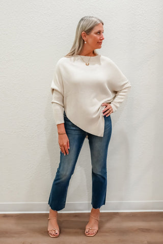 Ribbed Knit Asymmetrical Pointed Hem Dolman Sleeve Sweater - Verte Boutique