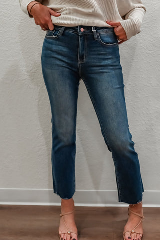 Mid Rise Raw Hem Cropped Bootcut Jeans - Verte Boutique