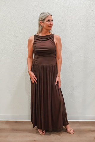 Ruched Boatneck Knit Maxi Dress - Verte Boutique