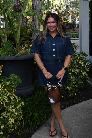 Denim Short Sleeve Collar Shirt And Skort Set