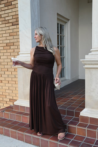 Ruched Boatneck Knit Maxi Dress