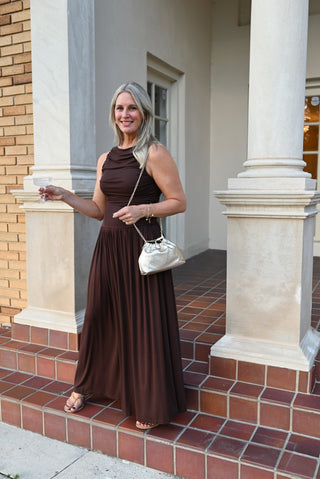 Ruched Boatneck Knit Maxi Dress