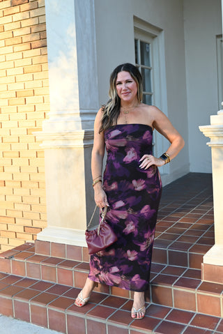 Floral Print Strapless Mesh Midi Dress