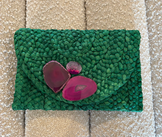 Straw Clutch with One of a Kind Pink Agate
