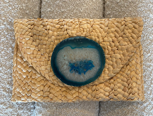Straw Clutch with One of a Kind Green Agate