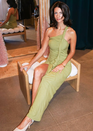 Pistachio Draped One - Shoulder Thigh Slit Maxi Dress - Verte Boutique