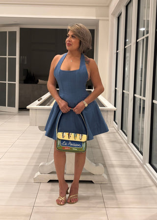 Indigo Skies Cotton - Linen Halter Fit & Flare Mini Dress - Verte Boutique