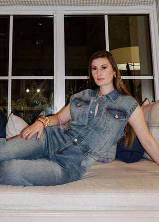 Sleeveless Stretch Denim Wide Leg Jumpsuit - Verte Boutique