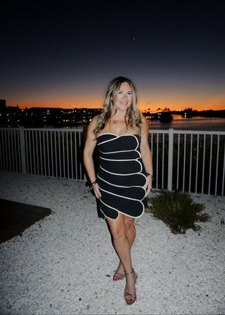 Black and White Sculpted Strapless Mini Dress with Contrast Piping - Verte Boutique