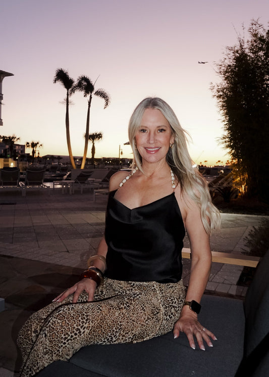 Black Satin Cowl Neck Top with Beaded Halter Strap