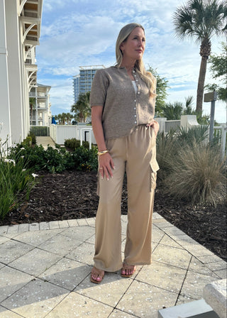 Nude Drawstring Waistband Solid Satin Cargo Wide - Leg Pants - Verte Boutique