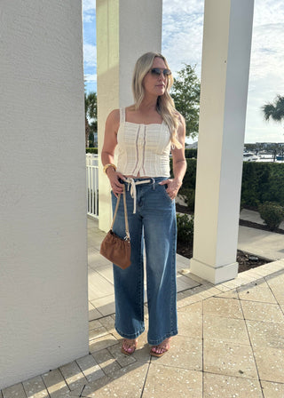High Rise Tie Waist Wide Leg Jeans - Verte Boutique