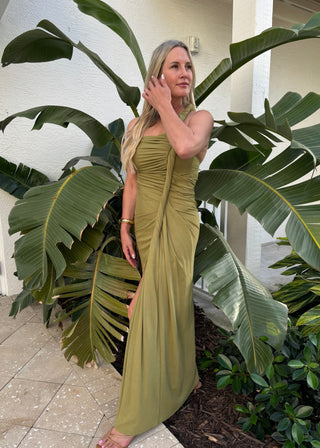 Pistachio Draped One - Shoulder Thigh Slit Maxi Dress - Verte Boutique