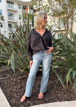Effortless Front Twist Black Poplin Button - Down Blouse - Verte Boutique