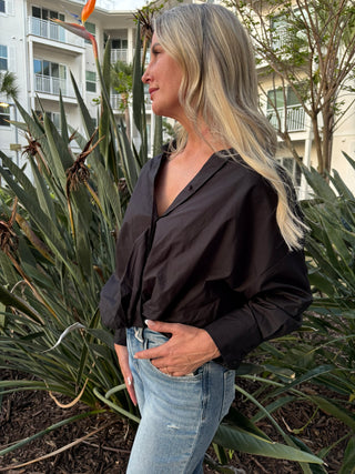 Effortless Front Twist Black Poplin Button - Down Blouse - Verte Boutique