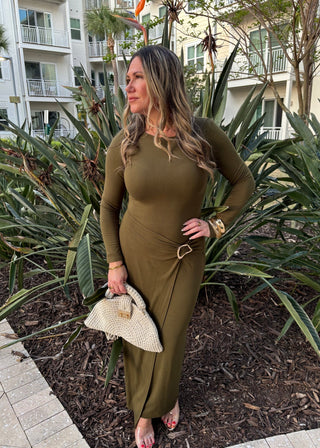 Eleanor Gold Buckle Wrap Long Sleeve Knit Maxi Dress - Verte Boutique