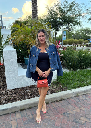 Luxe Collarless Denim Jacket with Gold Embossed Buttons - Verte Boutique