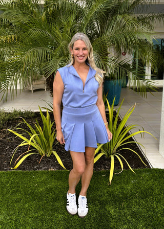 Periwinkle Scuba Half - Zip Pleated Romper - Verte Boutique