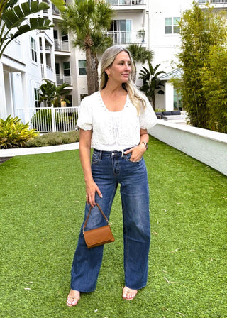 High Rise Dark Wash Raw Hem Wide Leg Jeans | Comfort Stretch Denim - Verte Boutique