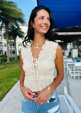 Natural Eyelet Smocked Peplum Blouse - Verte Boutique