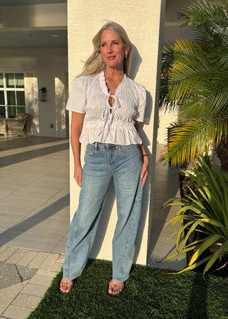 White Short Sleeve Smocked Poplin Peplum Top - Verte Boutique