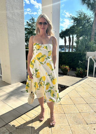 Linen Lemon Print Corset Midi Dress